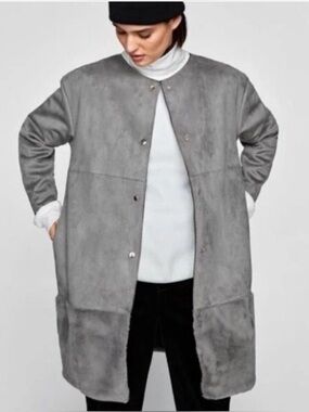 LIKE NEW Beautiful Zara Gray Teddy-Trim Faux Suede Coat